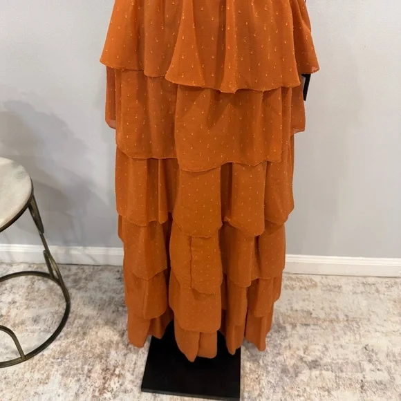 leena For Mac Duggal Burnt Orange Polka Dot Ruffle Tiered Maxi Gown - Reemoly